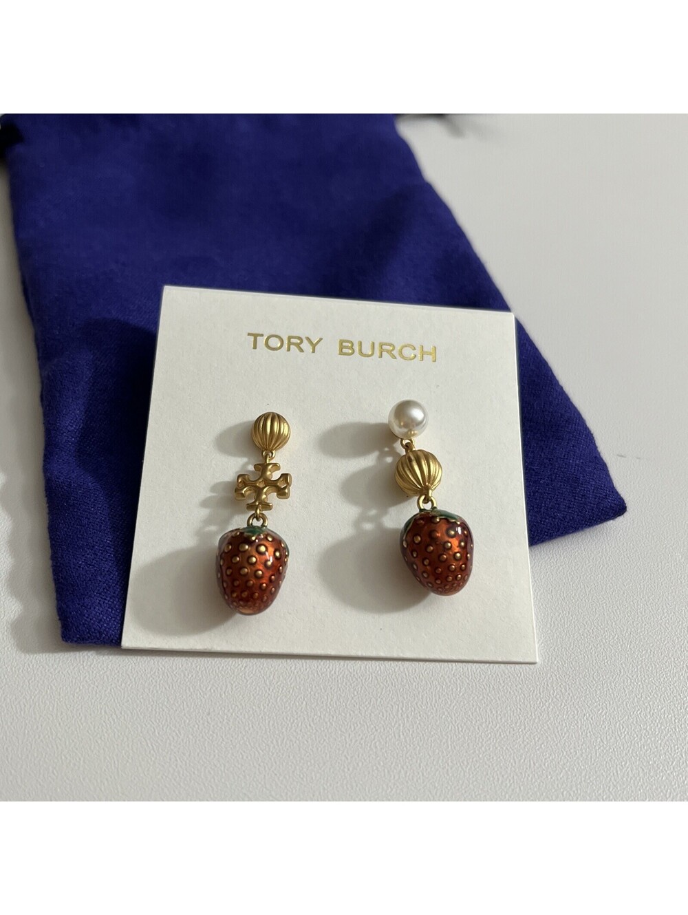 Tory Burch Earrings Gold Plated Dangle Drop Pearl Strawberry Double T Logo